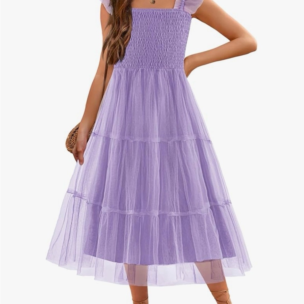 Girls dress ruffle sleeve elastic a line tulle summer long party dress 14/16